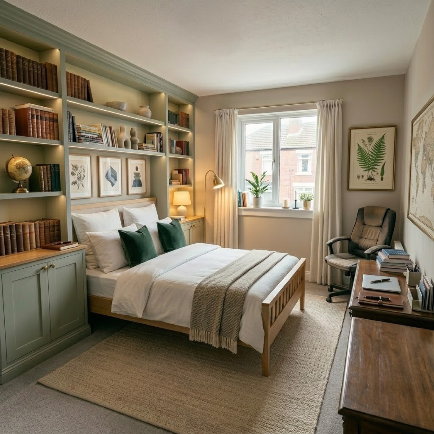 AI-staged bedroom with dressed bed, clear shelves and considered furnishings