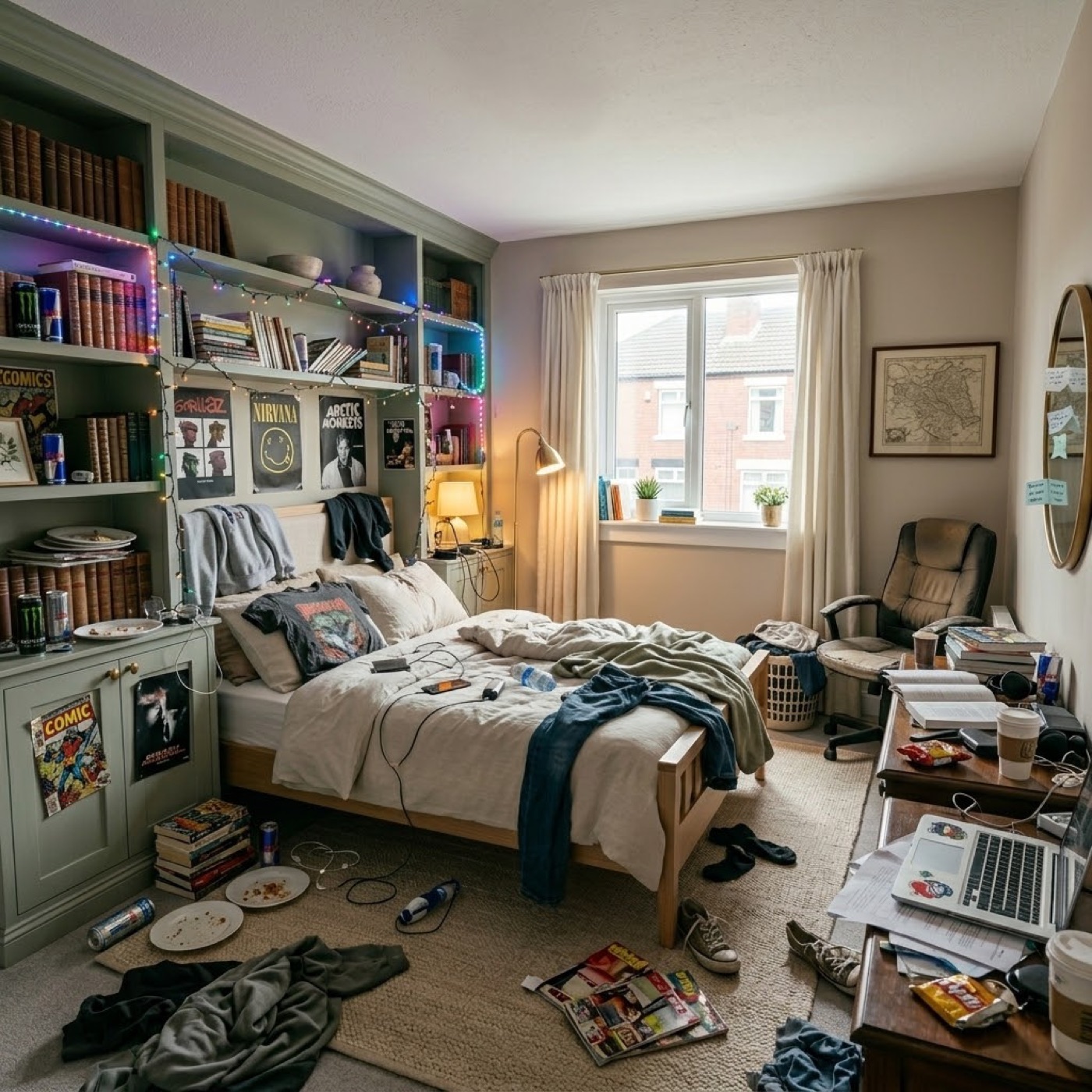 Original bedroom with personal belongings, clothes and clutter